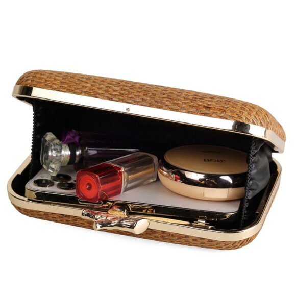 Natural Woven Box Clutch with Gold Chain Elegant Evening Bag with - Picture 2 of 10